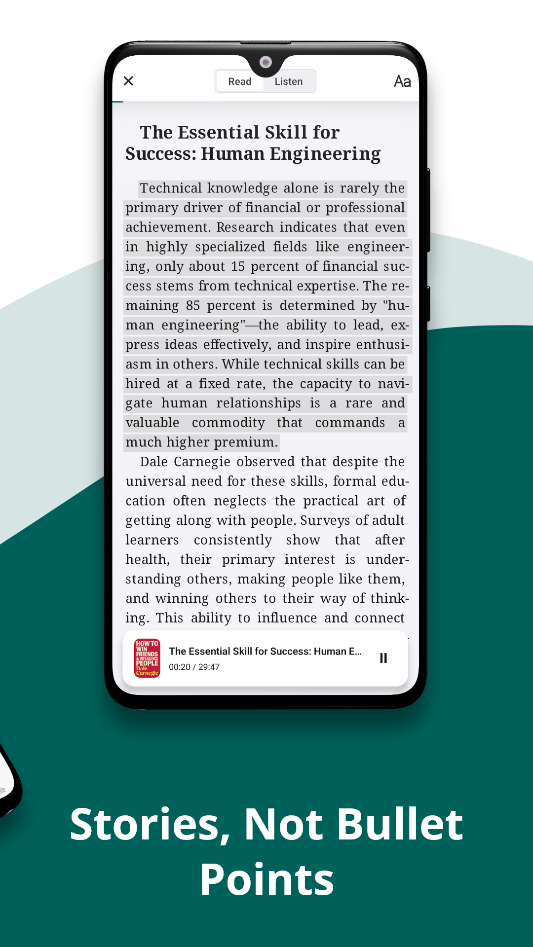 Readsome app interface showing narrative reading experience with pagination